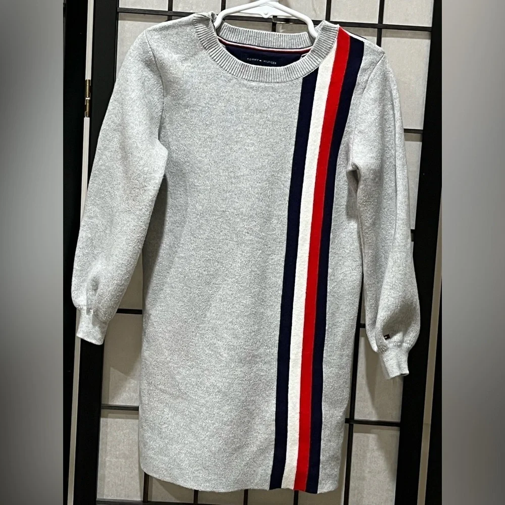 TOMMY HILFIGER KIDS GRAY SIGNATURE STRIPE, COTTON KNIT DRESS, CHILD SIZE 4